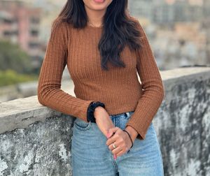 Brown Ribbed Long Sleeve Top