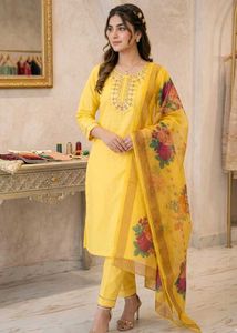 bust 34 Vibrant Yellow Embroidered Kurta Set with