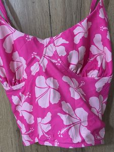 Pink Hibiscus Print Cropped Top