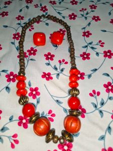 Chunky Red Beaded Necklace &amp; Earrings Set