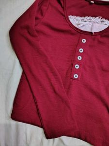 Maroon Lace Trim Henley Top