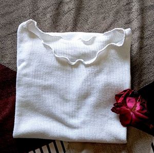 White Ribbed Ruffle Trim Tee