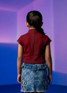 Girls Maroon Graphic Print Top &amp; Denim Skirt Set