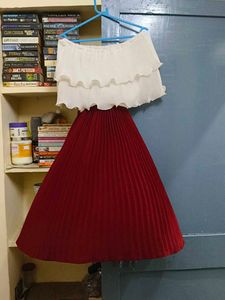White &amp; Maroon Pleated off shoulder dress