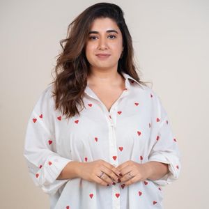 Chic White Heart Print Button-Up Shirt