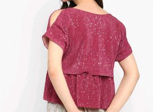 Sparkly Cold Shoulder Pleated Top