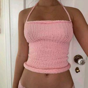 Pink Crocheted Tie-Strap Tank Top
