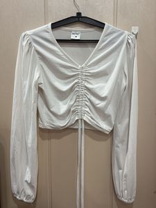 White Ruched Long Sleeve Crop Top
