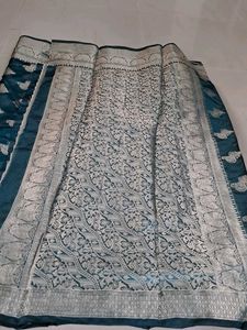 Elegant Teal Saree with Silver Border