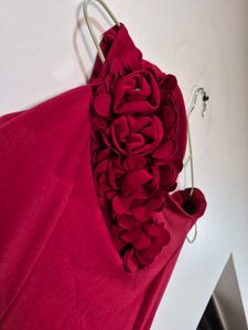 only 1 time used Elegant Red Gown with Floral Deta
