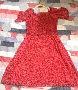 Red Floral Smocked Puff Sleeve Dress