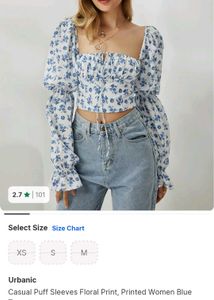 Blue Floral Puff Sleeve Crop Top