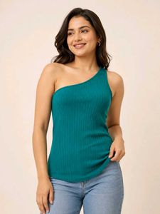 🔥 BUY 1, GET 1 FREE🔥Teal One Shoulder Ribbed Top