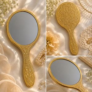 Vintage Style Gold Textured Handheld Mirror