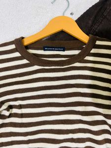 Women's Striped Long Sleeve Top &amp; Brown Overalls