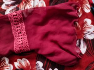 Maroon Embroidered long frock kurta Kurt