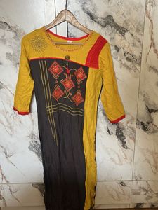 Yellow and Brown Embroidered Kurta