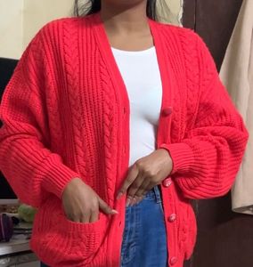 Red Cable Knit Cardigan(M)