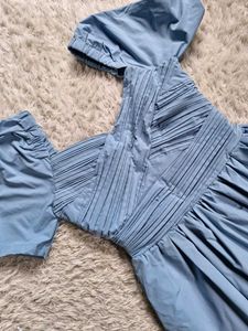 Sky Blue Puff Sleeve Midi Dress With pocket