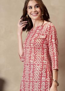 Red &amp; White Block Print Cotton Kurta