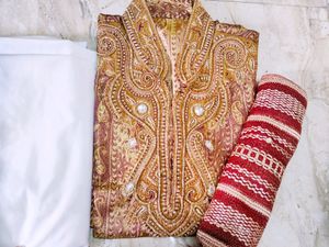 Men's Golden Sherwani - With White Pyjama & Red Textured Dupatta