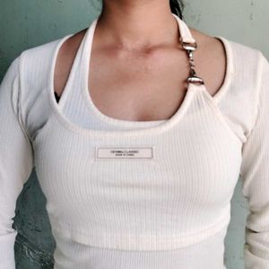 Cream Ribbed Long Sleeve Top