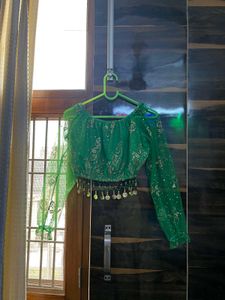 Green Sequin Crop Top with Coin Trim