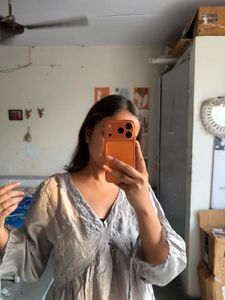 Grey V-Neck Embroidered Kurta