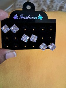 3 Sparkling Square Stud Earring
