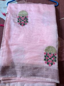 Organza bouquet Pink Embroidered  Saree