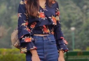 Navy Floral Wrap Top with Ruffled Sleeves