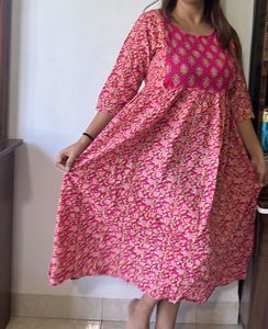 Vibrant Pink Floral Print Kurti maternity Dress