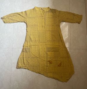 Yellow Block Print Asymmetrical Kurta