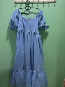 Blue Gingham Puff Sleeve Midi Dress