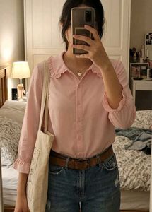 Chic Pink Ruffled Collar Button-Up Top