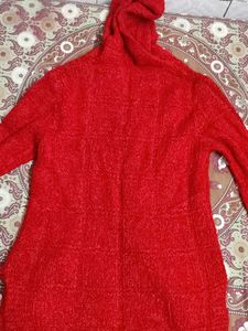 Red hooded cardigan