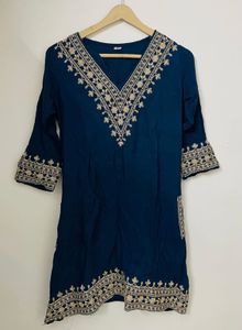 Embroidered Royal Blue Kurti Set with potli