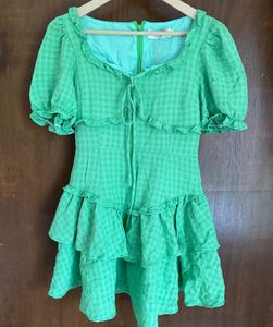 Cute Green Ruffle Gingham Mini Dress