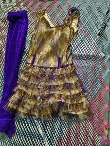 Girls Ethnic Golden &amp; Purple Ruffled Dress