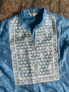 Blue Kurta Set with White Embroidery