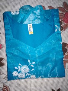 Teal Blue Organza Kurti with Sheer Puff Sleeves