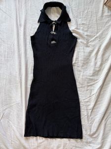 Black Ribbed Collared Halter Dress