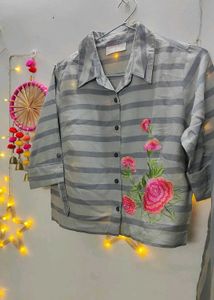 Striped Palazzo Set with Floral Embroidery