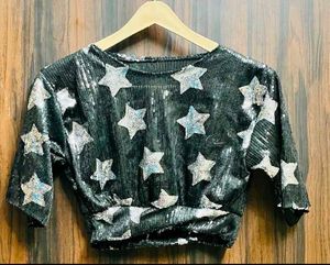 Sparkling Star Sequin Crop Blouse