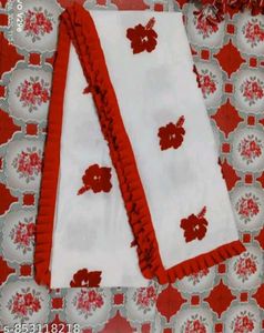 Lace Border White Saree with Red alpona Print