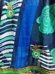 Blue Saree with Green Floral Print
