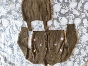 Olive Green Knit Cardigan with Flower Detail