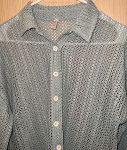 Mint Blue Crochet Button-Up Shirt