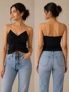 Black Ruched Chain Strap Tank Top
