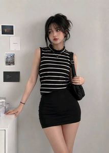 Striped Sleeveless Mock Neck Top